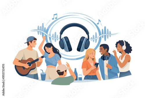 A youthful celebration scene centered around music as a way to connect and express mood in a casual party environment, with people engaging naturally and enjoying the atmosphere