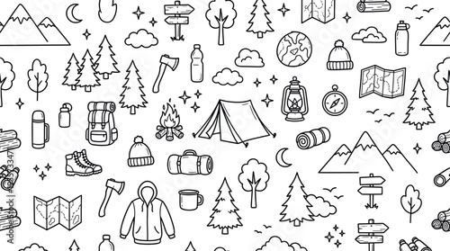 Outdoor mountain camping and hiking theme with fresh nature vibe, doodle objects including mountains, trees, pine trees, tent, campfire, backpack, sleeping bag, lantern, compass,