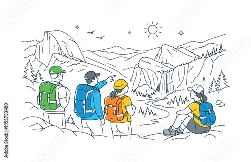 Yosemite National Park outdoor adventure moment where hikers pause on a mountain trail to admire the iconic valley landscape together, massive granite cliffs and a flowing