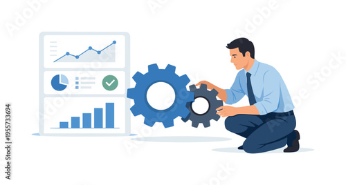 Business process improvement and system maintenance concept in a digital services environment, two interlocking gears positioned near a simplified dashboard panel while a