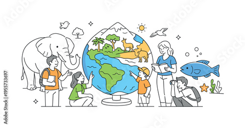 A global biodiversity awareness scenario where people learn about animals living in different regions and natural environments across the planet, visual metaphor of a world globe