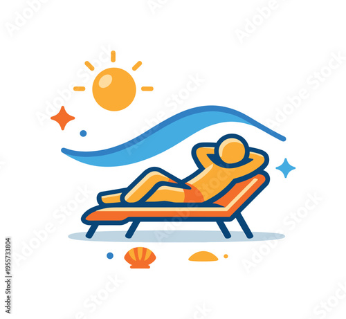 Summer travel and leisure lifestyle centered on sunbathing and recharging during a calm beach holiday, a lounge chair with a relaxed figure beneath a bright sun and a simple wave