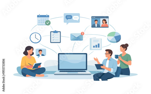 A modern remote work scene where professionals manage daily tasks from home while maintaining productivity and communication with their team, focusing on flexibility and efficient