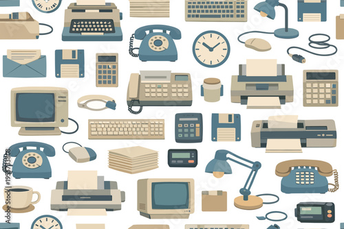 Vintage office tech seamless pattern for old school workplace and computing themes featuring typewriter, floppy disk, fax machine, rotary phone, CRT monitor, keyboard, mouse,