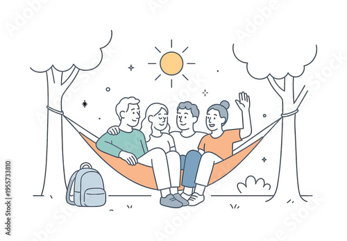 Travel lifestyle scene where friends rest together in a hammock after a day of exploration, symbolizing slow tourism and the joy of taking time to recharge during a journey, with