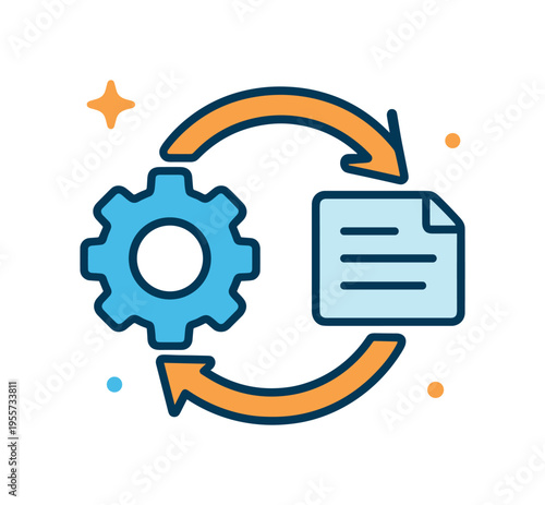 Digital workflow automation designed to simplify business operations and coordinate tasks automatically across teams, a gear icon linked with a circular arrow and a small document