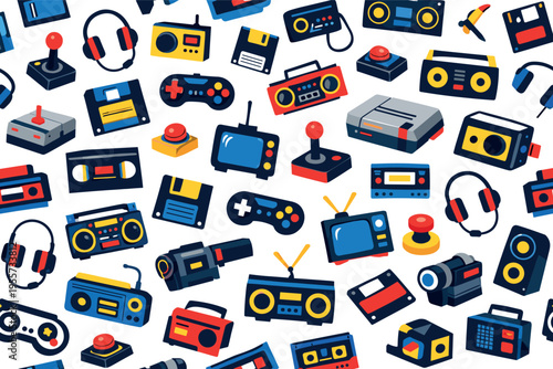 Retro gaming and media seamless pattern for entertainment and pop culture themes featuring game console, joystick, game cartridge, floppy disk, cassette tape, VHS tape, CRT TV,