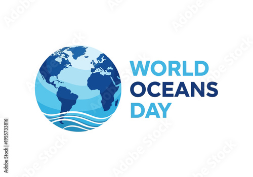 World oceans day logo with blue globe and waves