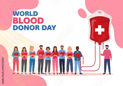 World blood donor day illustration with diverse people and red blood bag