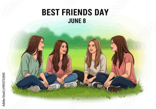 Best friends day illustration of four girls sitting in a park