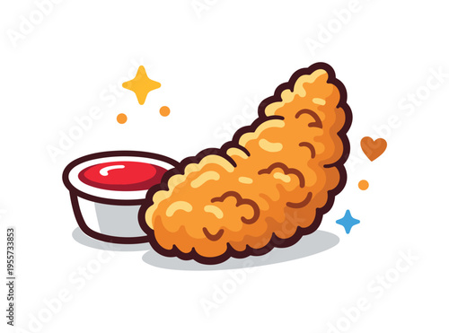Casual comfort food enjoyment during a relaxed lunch break focused on satisfying cravings and simple everyday pleasure, a crispy chicken tender piece placed beside a small dipping