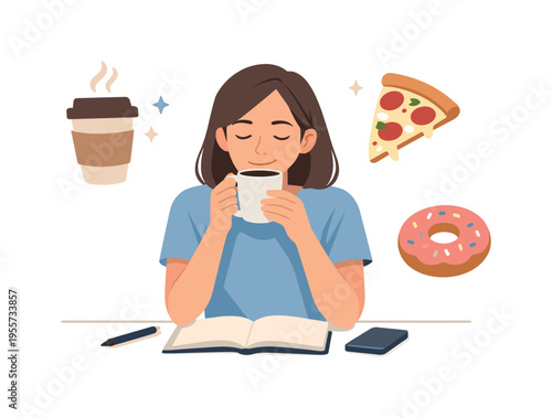 A casual everyday food and drink moment where a person enjoys a small break during the day, represented with playful doodle style icons of a coffee cup, a slice of pizza, and a