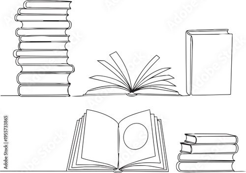 Collection of open and closed books in a minimalist sketch style