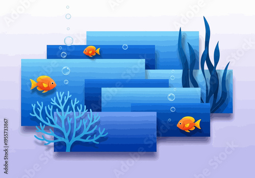 Underwater scene with blue rectangles and orange fish