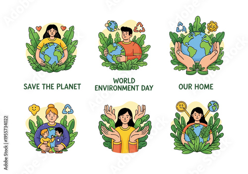 Vibrant illustration of people and earth surrounded by green leaves and flowers