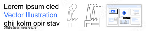 Industry automation, data analysis, digital platforms, energy production, business monitoring, technology. Factory icons, data charts and a dashboard layout. Industry automation and data analysis