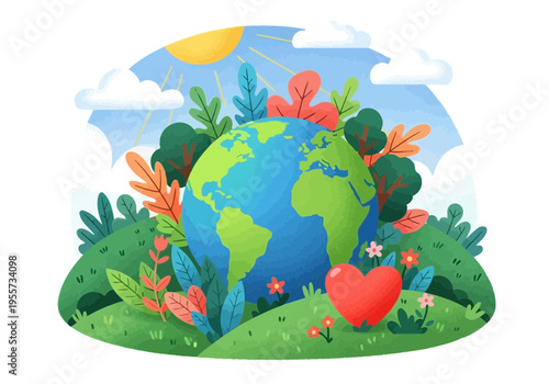 Vibrant illustration of the earth surrounded by lush greenery and colorful flowers