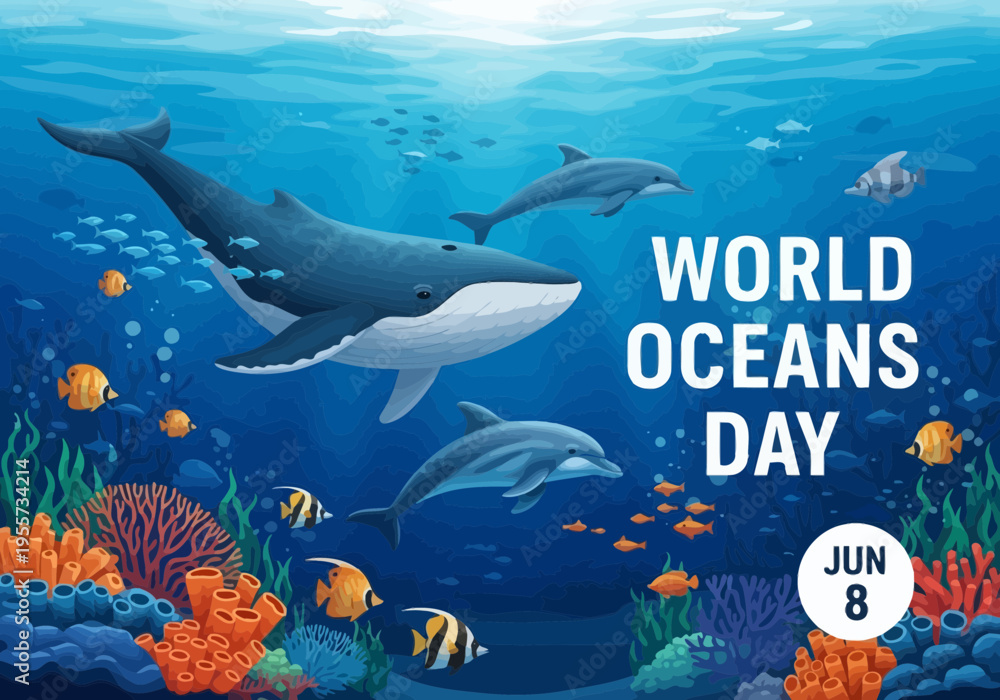 Obraz premium World oceans day marine life illustration with whales and fish