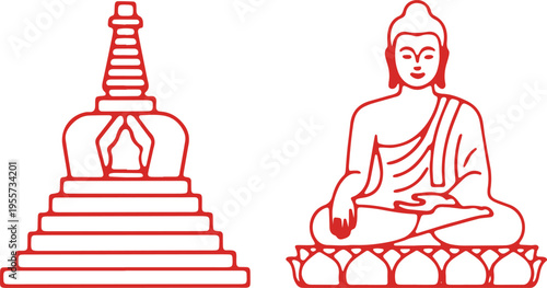 Buddhist symbols featuring a stupa and a seated buddha illustration