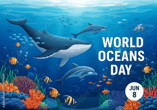 World oceans day marine life illustration with whales and fish