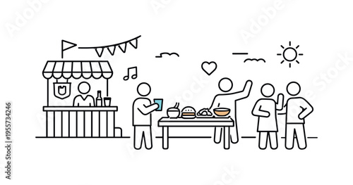 Outdoor food and drink festival concept focused on social gathering and casual dining experience in an open air setting, a simple scene with a small bar stand, a table with food