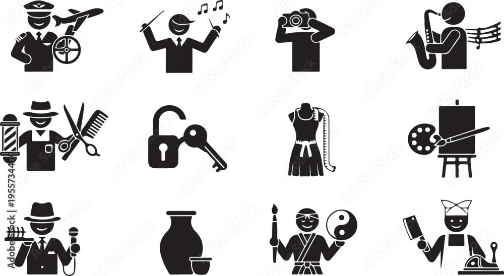 Obraz premium Black and white icons of various artists and artistic professions