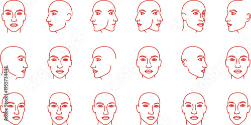 Diverse facial profiles and frontal views in simplified line art style