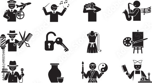 Black and white icons of various artists and artistic professions