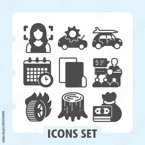 Set of nine clean glyph icons representing user profile, settings, transportation, finance, calendar, industry and technology for web and mobile interfaces.