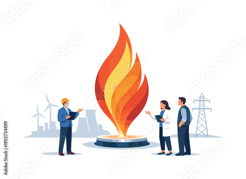 Heat energy and controlled flame used in a modern environmental or industrial concept scene, a tall layered flame shape standing as the main visual element above a small base
