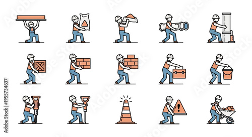 Set of Construction Worker Icons for Building and Manual Labor Industry, Flat Line Art Vector of Men Carrying Materials, Tools, and Safety Equipment
