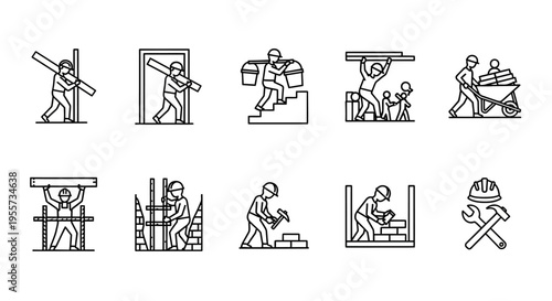 Construction Workers Line Art Icons Set - Building Site Activities, Masonry, Carpentry, and Manual Labor Illustrations