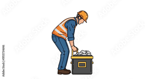 Construction worker in safety gear lifting a heavy toolbox, professional contractor illustration on white background