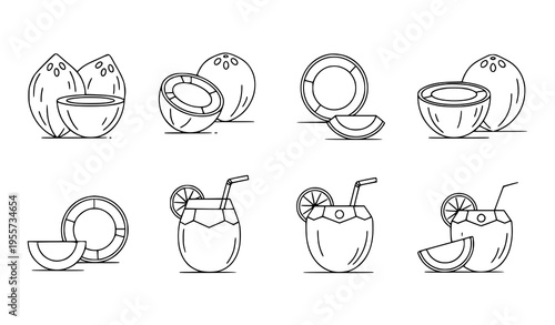 Minimal coconut line art set with whole sliced fruit and drink outline icons vector collection