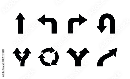 Direction road signs icons: straight ahead arrow sign, left turn arrow sign, right turn arrow sign, U turn arrow sign, merge lanes arrow sign, roundabout circular arrows sign, fork