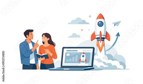 Entrepreneurship and startup acceleration represented through a simple doodle inspired rocket launch scene, a sketch style rocket rising upward beside a minimal laptop device