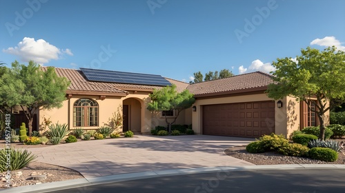 Modern Mediterranean style luxury home with tile roof and mountain view in sunny suburb