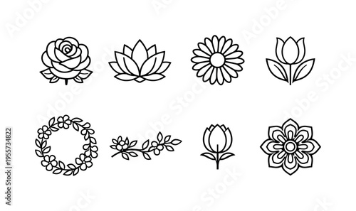 Floral ornament decorations: rose flower, lotus flower, daisy flower, tulip flower, flower wreath circle, floral branch with leaves, blooming flower bud, decorative flower rosette