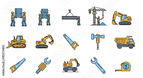 Construction Industry Icon Set - Heavy Machinery, Builders, and Tools Vector Illustration