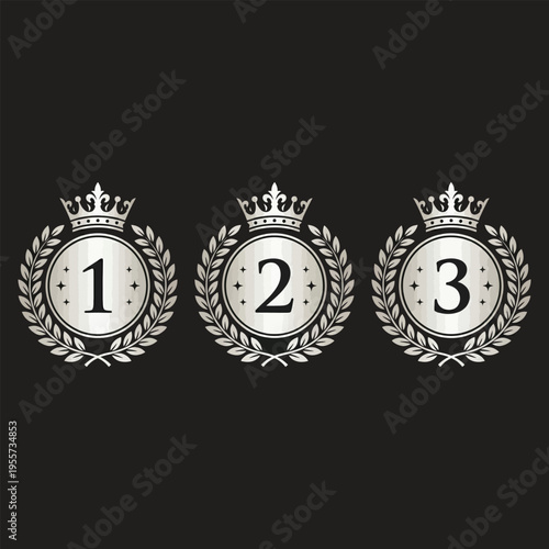 Three regal medals displaying first, second, and third place rankings