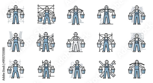 Set of Construction Worker Icons Carrying Buckets on Building Site with Scaffolding, Flat Line Style Illustration for Industrial and Manual Labor Concepts
