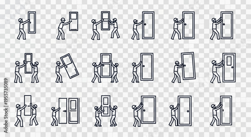 Construction Door Installation Icon Set - Professional Handyman and Builder Line Art Icons for Home Renovation and Architecture Projects