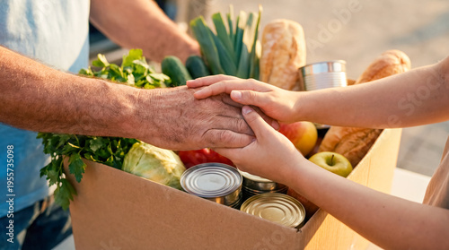 Close up of hands tenderly holding each other over cardboard box of food outdoors concept of deep compassion emotional support charitable donation empathy and community humanitarian relief