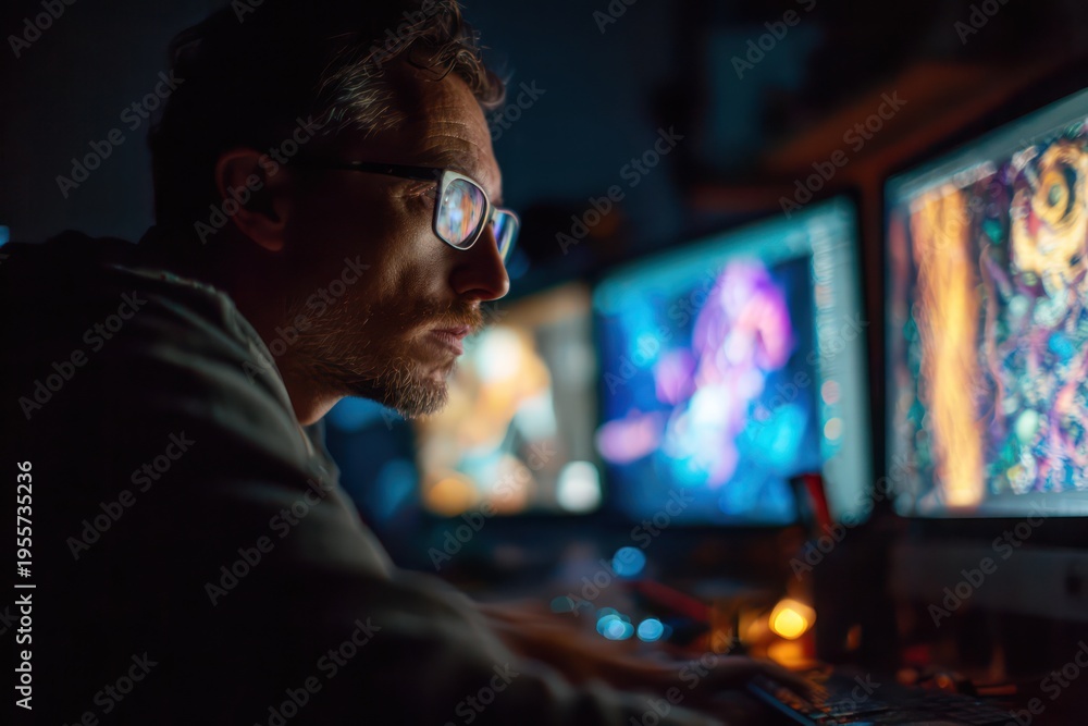 Fototapeta premium Person with glasses immersed in digital content
