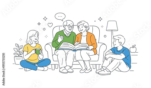 Quiet lifestyle moment where an elderly couple sits together reading and enjoying a peaceful afternoon while sharing stories and knowledge, an open book and a comfortable armchair