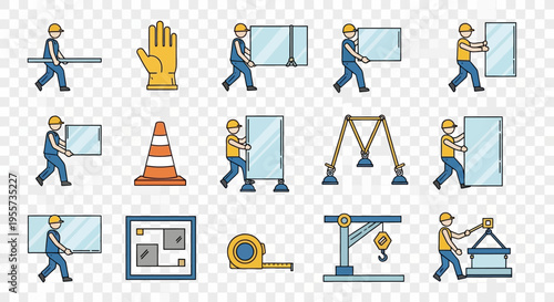 Glass Installation and Glazier Icon Set: Professional Construction Workers, Windows, and Glazing Tools