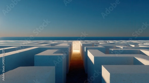 A serene maze with a pathway leading to a bright light under a clear blue sky