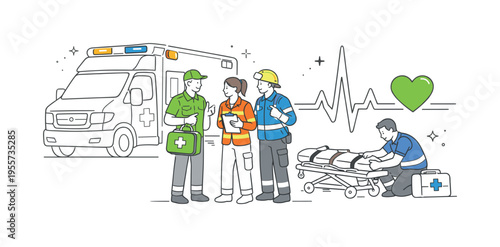 Rapid ambulance dispatch and rescue teamwork scene where a small group of emergency responders coordinates beside a large ambulance and a simple heart monitor line symbol