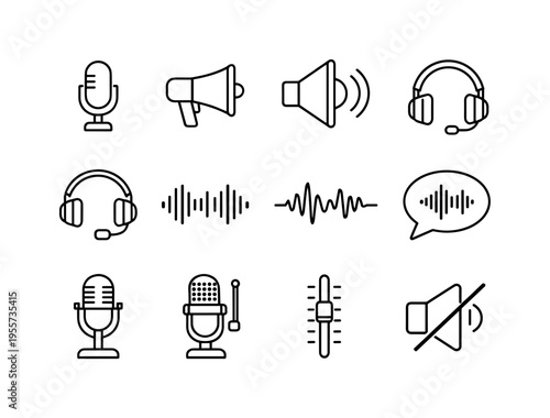 Voice and audio communication: microphone, megaphone, speaker, headphones, headset with microphone, sound wave, audio waveform, voice message bubble, podcast microphone, radio