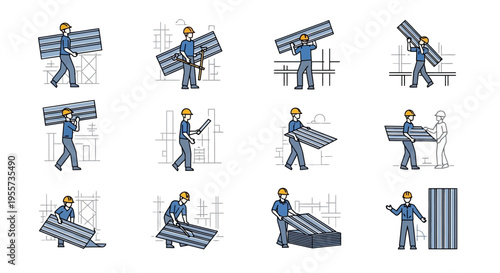 Construction Workers Handling Corrugated Metal Panels: Set of Industrial Illustrations